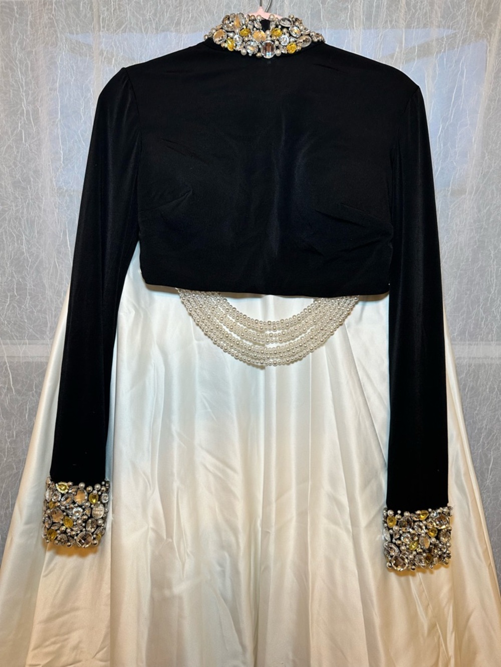 Black and White Jeweled Cape Dress with Pearl Detail